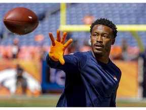 In this Sept. 9, 2018 photo Denver Broncos wide receiver Demaryius Thomas (88) catches a pass before an NFL football game against the Seattle Seahawks in Denver. Thomas is bracing for a trade after Denver slipped to 3-5 midway through his ninth NFL season. Thomas, the Broncos' longest-tenured player, put the odds at "50-50" that he'll be summoned into general manager John Elway's office by the trade deadline Tuesday, Oct. 30, 2018 to learn whose jersey he'll be wearing next.