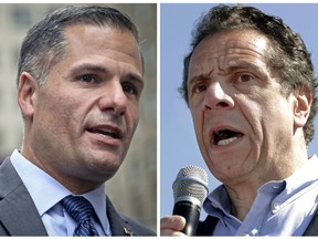 FILE - In this combination photo, New York Republican gubernatorial candidate Marc Molinaro, left, speaks at a news conference in New York on Sept. 14, 2018, and New York Gov. Andrew Cuomo, right, speaks a news conference in in Tarrytown; N.Y., on May 8, 2018. Cuomo and Molinaro are poised to debate Tuesday, Oct. 23, 2018 in New York City in their only showdown scheduled before the Nov. 6 election election. (AP Photos/Bebeto Matthews, left, and Julio Cortez, Files)