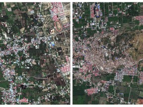 This photo combo of satellite images provided by DigitalGlobe shows the Petobo neighborhood of Palu, Indonesia, on Aug. 17, 2018, prior to an earthquake, left, and on Oct. 1, 2018, after an earthquake and subsequent tsunami devastated the area, right. (DigitalGlobe, a Maxar company via AP)