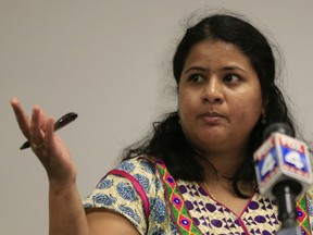 FILE - In this Friday, Feb. 24, 2017, file photo, Sunayana Dumala talks about her late husband, Srinivas Kuchibhotla, an Indian engineer who was murdered in a Kansas City-area bar, during a news conference at Garmin Headquarters in Olathe, Kan. Kansas Rep. Kevin Yoder has launched a new television ad with a testimonial from Dumala praising Yoder for the Republican's efforts to help her remain in the U.S. after her husband's death.