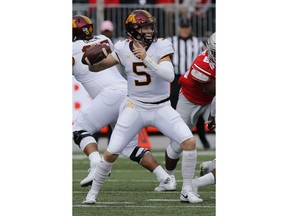 Minnesota quarterback Zack Annexstad drops back top pass against Ohio State during the first half of an NCAA college football game Saturday, Oct. 13, 2018, in Columbus, Ohio.