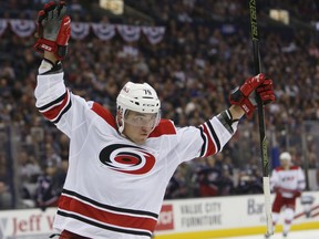 Carolina Hurricanes' Micheal Ferland celebrates his goal against the Columbus Blue Jackets' during the third period of an NHL hockey game Friday, Oct. 5, 2018, in Columbus, Ohio. The Hurricanes beat the Blue Jackets 3-1.
