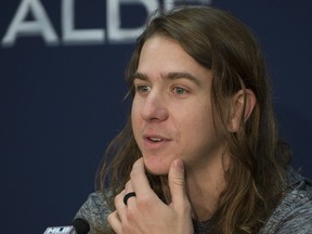 Cleveland Indians starting pitcher Mike Clevinger answers a question during a news conference before a workout in Cleveland, Sunday, Oct. 7, 2018. Clevinger will start the third game of the ALDS series against the Houston Astros, Monday.