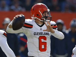 Cleveland Browns quarterback Baker Mayfield looks to throw in the first half during an NFL football game against the Los Angeles Chargers, Sunday, Oct. 14, 2018, in Cleveland.