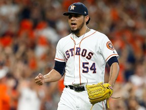Roberto Osuna of the Houston Astros reacts after a strikeout against the Cleveland Indians during Game 2 of the American League Division Series at Minute Maid Park on October 6, 2018 in Houston. (Bob Levey/Getty Images)
