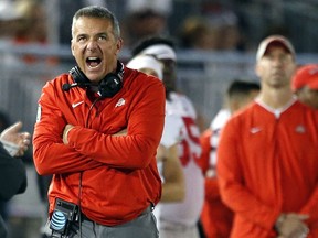 Ohio State head coach Urban Meyer, reacts after Penn State gets a first down during the first half of an NCAA college football game in State College, Pa., Saturday, Sept. 29, 2018.