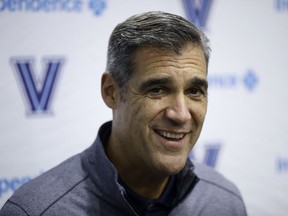 Head coach Jay Wright speaks with members of the press during Villanova men's NCAA college basketball media day at the Finneran Pavilion in Villanova, Pa., Tuesday, Oct. 23, 2018.