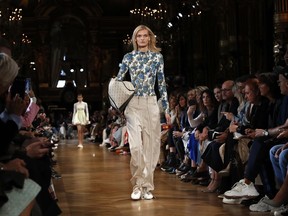 A model wears a creation for Stella McCartney ready-to-wear spring/summer 2019 fashion collection presented in Paris, Monday, Oct.1, 2018.