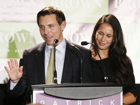 Patrick Brown flanked with his new wife Genevieve gives a speech after being elected as Brampton mayor on Monday, Oct. 22, 2018.