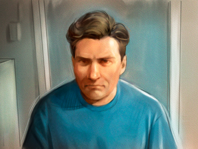 Paul Bernardo is shown in this courtroom sketch during court proceedings via video link in Napanee, Ont., on Oct. 5, 2018.