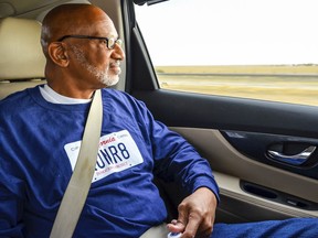 This Oct. 3, 2018 photo provided by California Innocence Project shows Horace Roberts looking out the window of a car after being released from Avenal State Prison in Avenal, Calif. Roberts, wrongly convicted of murdering his lover two decades ago has been exonerated and new arrests have been made in the case. (California Innocence Project via AP)
