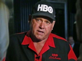 In this June 13, 2016, file photo, Dennis Hof, owner of the Moonlite BunnyRanch, a legal brothel near Carson City, Nev., is pictured during an interview during a break in the trial of Denny Edward Phillips and Russell Lee Hogshooter in Oklahoma City.