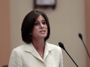 FILE - In this Aug. 31, 2012, file photo, state Sen. Mimi Walters, R-Lake Forest, speaks at the Capitol in Sacramento, Calif. Rep. Walters is a candidate running for a U.S. House seat against Democrat Katie Porter in the 45th Congressional District. For decades, Orange County, California, was known as a Republican stronghold but times have changed. Now, Hispanics and Asians together are the majority and more voters are registering as Democrats and independents.