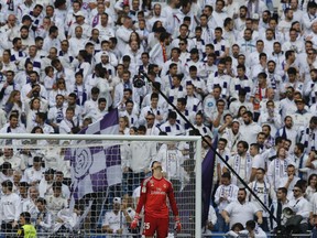 Real Madrid's goalkeeper Thibaut Courtois reacts after conceding a penalty goal during a Spanish La Liga soccer match between Real Madrid and Levante at the Santiago Bernabeu stadium in Madrid, Spain, Saturday, Oct. 20, 2018.