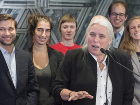 Quebec Solidaire co-spokesperson Manon Masse speaks during a press conference with members of the party's new caucus in Montreal, Friday, October 5, 2018.