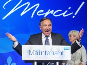 Coalition Avenir du Quebec leader Francois Legault speaks to supporters after winning the provincial election Monday, October 1, 2018 in Quebec City, Que.