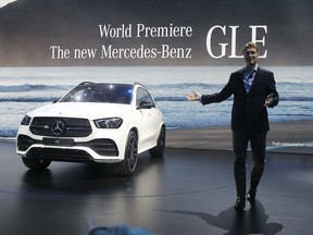 Ola Kallenius, member of the Board of Management of Daimler AG. Group Research & Mercedes-Benz Cars Development, presents the new Mercedes GLE during a media preview at the Auto show in Paris, France, Tuesday, Oct. 2, 2018, 2018.