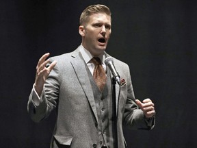 In this Oct. 19, 2017, file photo, white nationalist Richard Spencer speaks at the University of Florida in Gainesville, Fla.
