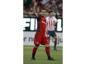 FILE - In this April 25, 2018 file photo, Toronto FC's Sebastian Giovinco celebrates scorng against Chivas during the CONCACAF Champions League final soccer match in Guadalajara, Mexico. Italy coach Roberto Mancini included the 31-year-old Toronto FC forward in the 28-man squad he named Friday, Oct. 5, 2018 for upcoming matches against Ukraine and Poland.
