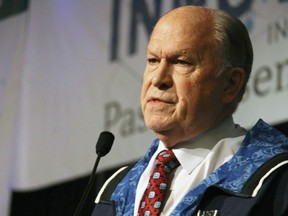Alaska Gov. Bill Walker announces he will drop his re-election bid while addressing the Alaska Federation of Natives conference Friday, Oct. 18, 2018, in Anchorage, Alaska. Walker's re-election plans were dealt a blow earlier in the week after his running mate, Lt. Gov. Byron Mallott, resigned after making an inappropriate overture toward a woman.
