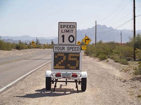 A radar speed sign manufactured by RU2, a speed display company based in Arizona. The DEA is purchasing digital speed signs from RU2 to equip with licence-plate reading devices.