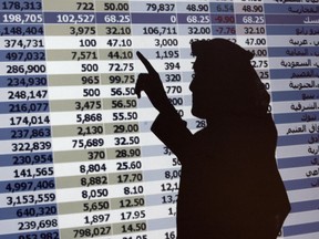 FILE - In this Oct. 7, 2008 file photo, the shadow of a Saudi trader is seen on a stock market monitor in Riyadh, Saudi Arabia. The Saudi stock market sharply fell Sunday after President Donald Trump threatened "severe punishment" over the disappearance of Washington Post contributor Jamal Khashoggi.
