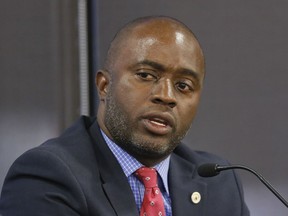 FILE - In this Sept. 11, 2018, file photo, Assemblyman Tony Thurmond, D-Richmond, a candidate for Superintendent of Public Instruction, talks at a candidates debate hosted by the Sacramento Press Club in Sacramento, Calif. Thurmond is running against Marshall Tuck, a former charter schools executive. California is again recording the most expense state superintendent election in history.