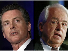 FILE - This combination of March 8, 2018, photos shows California gubernatorial candidates Lt. Gov. Gavin Newsom, left, a Democrat and Republican businessman John Cox in Sacramento, Calif. Cox and Newsom is debating Monday morning, Oct. 8, at San Francisco public radio station KQED. The hour-long session will not be televised but will be offered to radio stations to broadcast around the state.