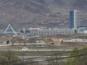 FILE - In this April 24, 2018, file photo, the Kaesong industrial complex in North Korea is seen from the Taesungdong freedom village inside the demilitarized zone during a press tour in Paju, South Korea. South Korea's Unification Ministry on Wednesday, Oct. 10, 2018, said the water is being supplied to a liaison office between the countries that opened in Kaesong in September 2018 and has been provided to the town's residents as well.