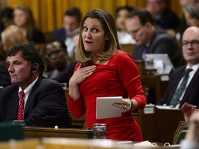 Minister of Foreign Affairs Chrystia Freeland stands during question period in the House of Commons on Parliament Hill in Ottawa on Monday, Oct. 15, 2018.