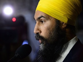NDP leader Jagmeet Singh holds a press conference on Parliament Hill in Ottawa on Wednesday, Oct. 24, 2018.