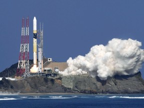 Japan's rocket H-2A is launched, carrying aboard a green gas observing satellite "Ibuki-2"  and KhalifaSat, a UAE satellite, Tanegashima, southern Japan, Monday, Oct. 29, 2018. The Japanese rocket carrying United Arab Emirates' first locally-made satellite has successfully lifted off from a space center in southern Japan.