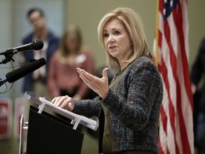 Republican Senate hopeful Marsha Blackburn speaks during a campaign stop Wednesday, Oct. 17, 2018, in Franklin, Tenn. Wednesday is the first day of Tennessee's early voting.
