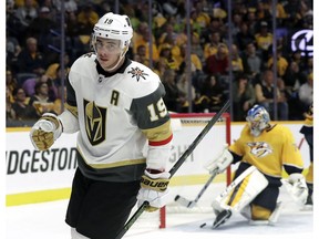 Vegas Golden Knights right wing Reilly Smith (19) skates away from the net after scoring a goal against Nashville Predators goaltender Juuse Saros, of Finland, right, in the first period of an NHL hockey game Tuesday, Oct. 30, 2018, in Nashville, Tenn.