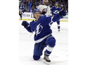 Tampa Bay Lightning center Brayden Point (21) celebrates his goal against the Columbus Blue Jackets during the second period of an NHL hockey game Saturday, Oct. 13, 2018, in Tampa, Fla.