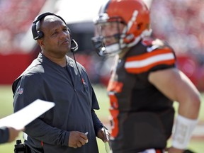 Cleveland Browns head coach Hue Jackson during the first half of an NFL football game against the Tampa Bay Buccaneers Sunday, Oct. 21, 2018, in Tampa, Fla.