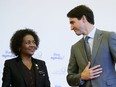 Prime Minister Justin Trudeau is officially greeted by Michaelle Jean, secretary-general of the Francophonie, as he arrives to the Francophonie Summit in Yerevan, Armenia on Thursday, Oct. 11, 2018.