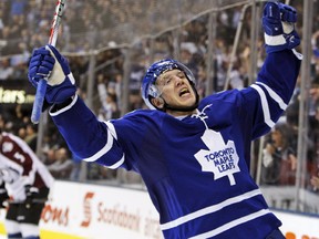Nikolai Kulemin of the Toronto Maple Leafs celebrates his goal against the Colorado Avalanche at the Air Canada Centre in Toronto October 17th, 2011.