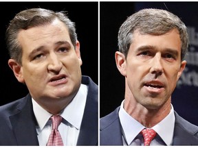 This combination of Sept. 21, 2018, file photos show Republican U.S. Senator Ted Cruz, left, and Democratic U.S. Representative Beto O'Rourke, right, during their first Senate debate in Dallas. O'Rourke says there's still work to do after being asked about Hispanic outreach in his race against Cruz. O'Rourke needs a broad electorate in November to have a chance at pulling off one of the biggest upsets of the 2018 midterms. His path to victory includes getting more Latinos to the polls, which Texas Democrats have struggled to do for decades.