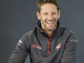 Haas driver Romain Grosjean, of France, speaks during a news conference for the Formula One U.S. Grand Prix auto race at the Circuit of the Americas, Thursday, Oct. 18, 2018, in Austin, Texas.