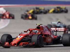 Ferrari driver Kimi Raikkonen, of Finland, drives his car during the Formula One U.S. Grand Prix auto race at the Circuit of the Americas, Sunday, Oct. 21, 2018, in Austin, Texas.