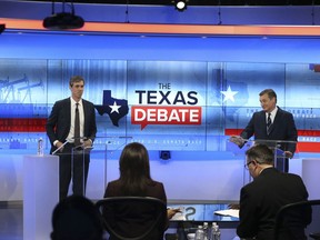 U.S. Rep. Beto O'Rourke, D-Texas, left, and U.S. Sen. Ted Cruz, R-Texas, right, take part in a debate for the Texas U.S. Senate, Tuesday, Oct. 16, 2018, in San Antonio.