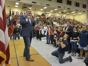 Texas Sen. Ted Cruz gets the crowd fired up during a rally, Saturday, Oct. 13, 2018, at Franklin High School in El Paso, Texas.