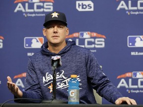 Houston Astros manager AJ Hinch speaks during a news Monday, Oct. 15, 2018, in Houston. The Astros will face the Boston Red Sox in Game 3 of the baseball American League Championship Series Tuesday Oct. 16 2018.