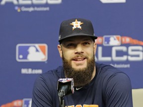 Houston Astros starting pitcher Dallas Keuchel speaks during a news conference at a baseball workout Monday, Oct. 15, 2018, in Houston. The Astros will face the Boston Red Sox in Game 3 of the baseball American League Championship Series Tuesday Oct. 16 2018.