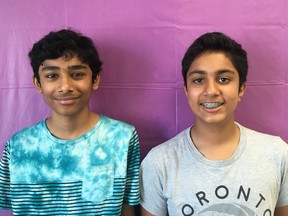 Divij and Shrey – Shrey Dhingra (left) and Divij Dhoofar (right), 13, pose for a photo at Sir John A. Macdonald Public School in Markham, ON