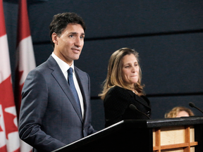 Prime Minister Justin Trudeau and Foreign Affairs Minister Chrystia Freeland announce the new USMCA trade pact between Canada, the U.S. and Mexico on Oct. 1, 2018.