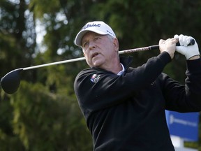 Jay Haas watches his tee shot on the third hole during the final day of the Dominion Energy Charity Classic golf tournament at The Country Club of Virginia in Richmond, Va.,  Sunday, Oct. 21, 2018.