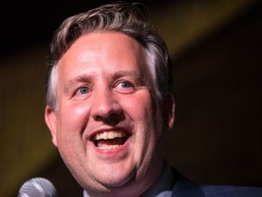 Vancouver mayor-elect Kennedy Stewart smiles while addressing supporters in Vancouver on Sunday, Oct. 21, 2018.