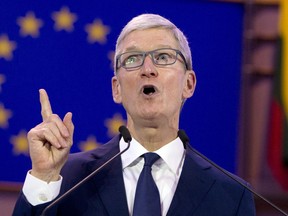 Apple CEO Tim Cook speaks during a data privacy conference at the European Parliament in Brussels, Wednesday, Oct. 24, 2018.